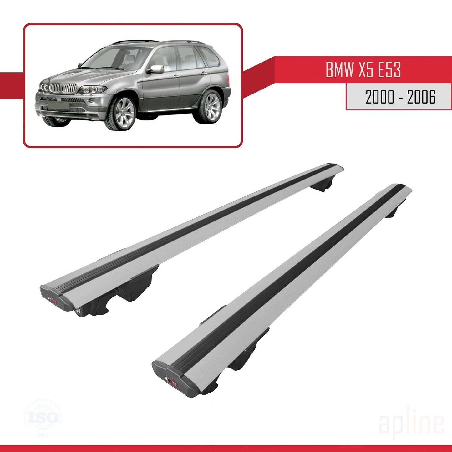 Compatibile con BMW X5 (E53) 2000-2006 modello HOOK Barre portatutto per auto Portapacchi in alluminio grigio 2 barre