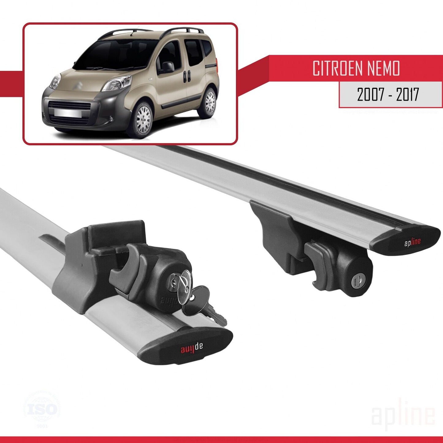 Compatible avec Citroen Nemo 3 (225) 2007-2017 HOOK Model Barres de Toit Railing Porte-Bagages de Voiture Gris Aluminium 2 Barres