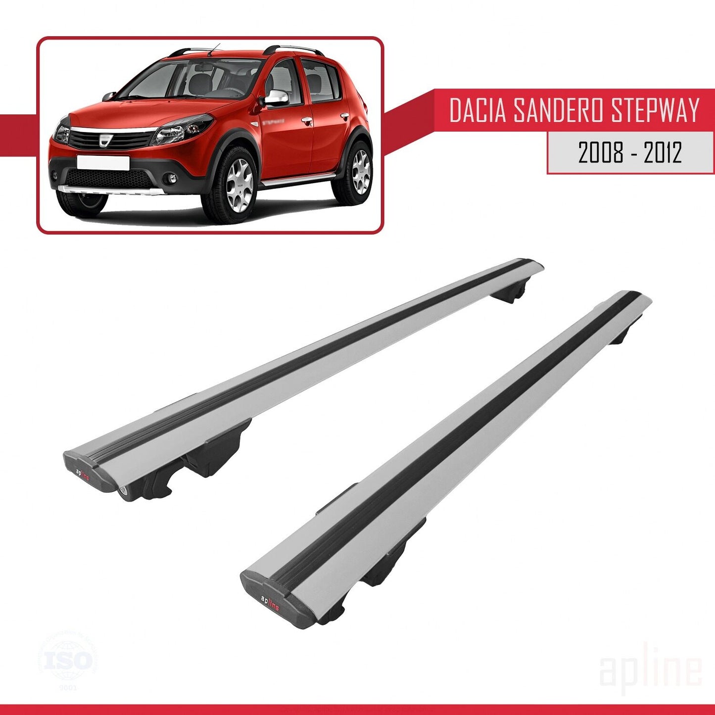 Compatible avec Dacia Sandero Stepway 2008-2012 HOOK Model Barres de Toit Railing Porte-Bagages de Voiture Gris Aluminium 2 Barres