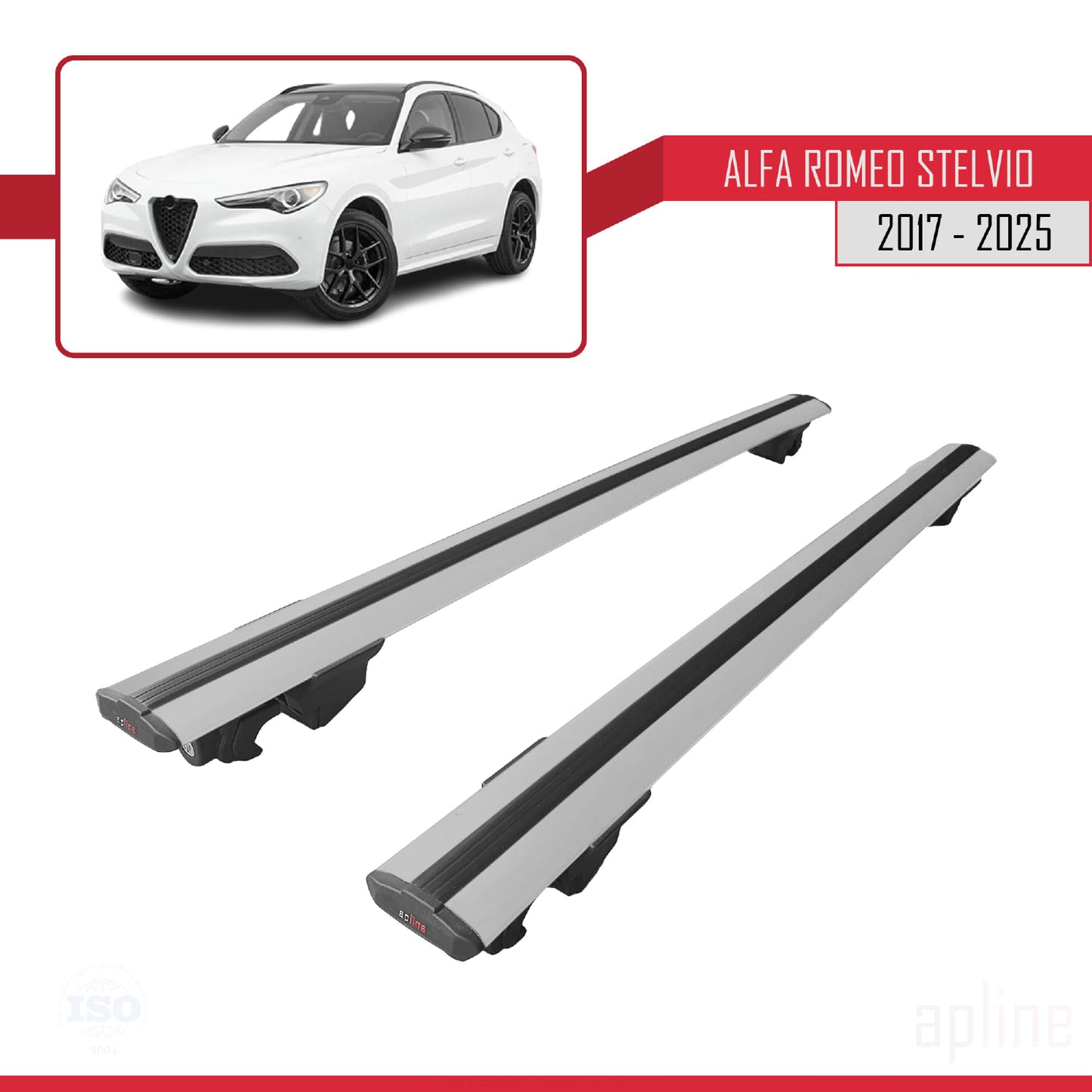 Compatibile con Alfa Romeo Stelvio (T949) 2017-2025 Modello HOOK Barre Portatutto Railing Portapacchi Auto Alluminio Grigio 2 Barre