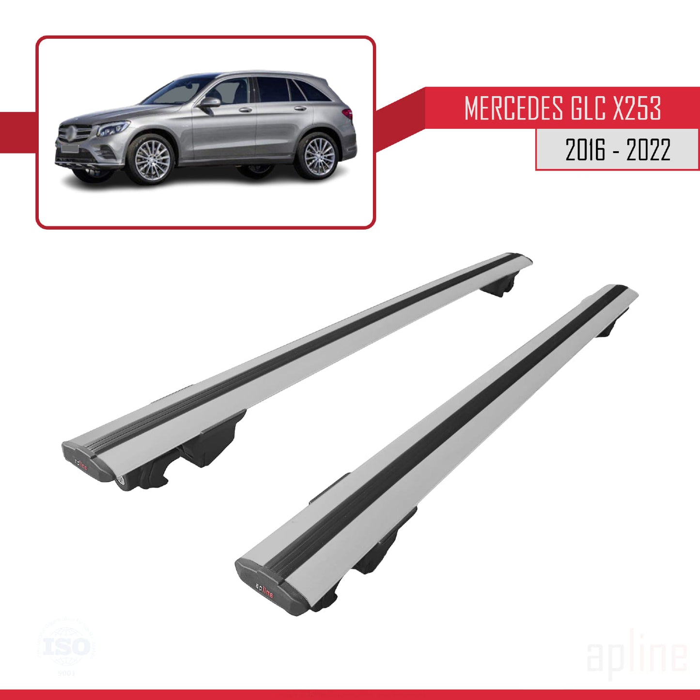 Compatible avec Mercedes Classe GLC (X253) 2016-2022 HOOK Model Barres de Toit Railing Porte-Bagages de Voiture Gris Aluminium 2 Barres