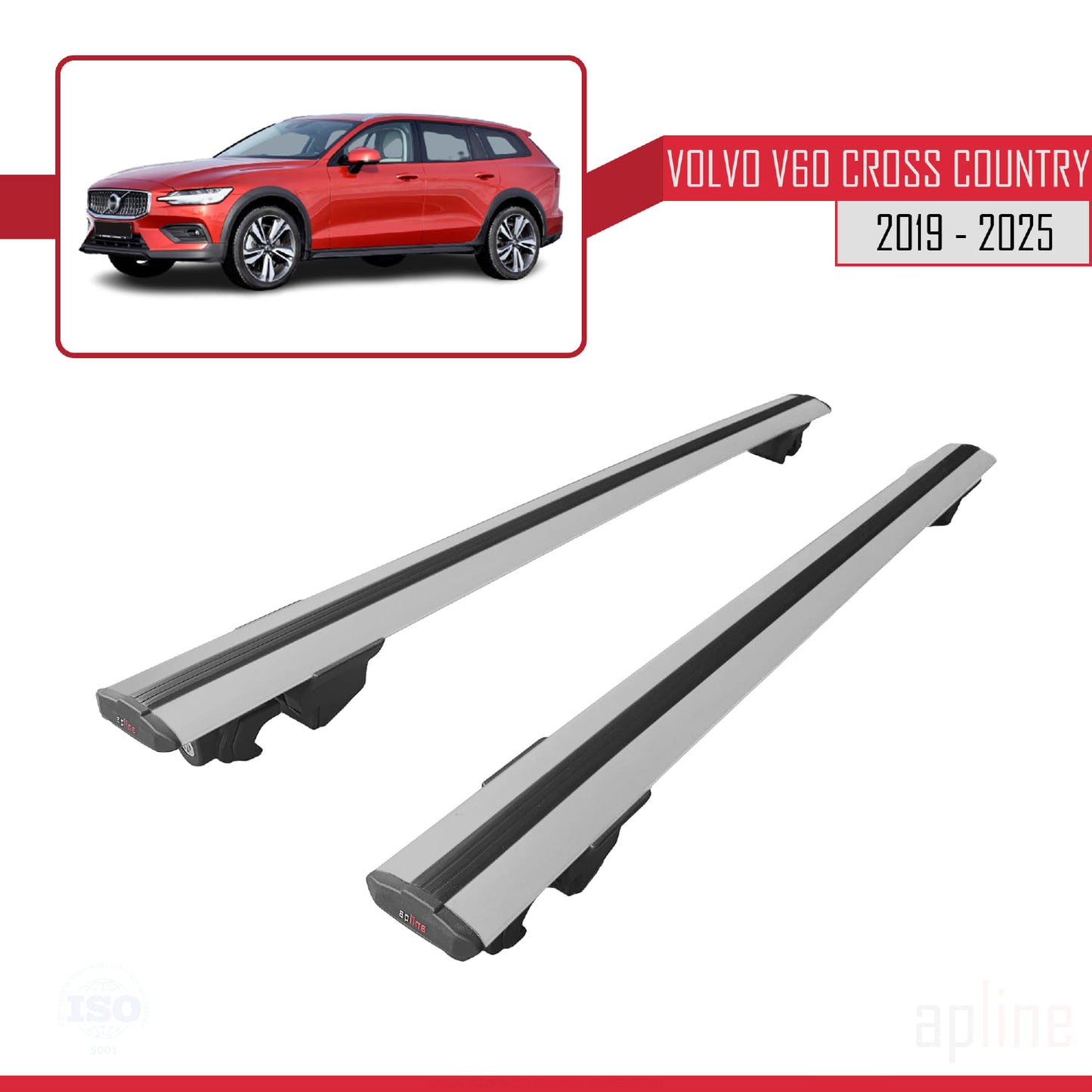Compatible avec Volvo V60 II Cross Country 2019-2025 HOOK Model Barres de Toit Railing Porte-Bagages de Voiture Gris Aluminium 2 Barres
