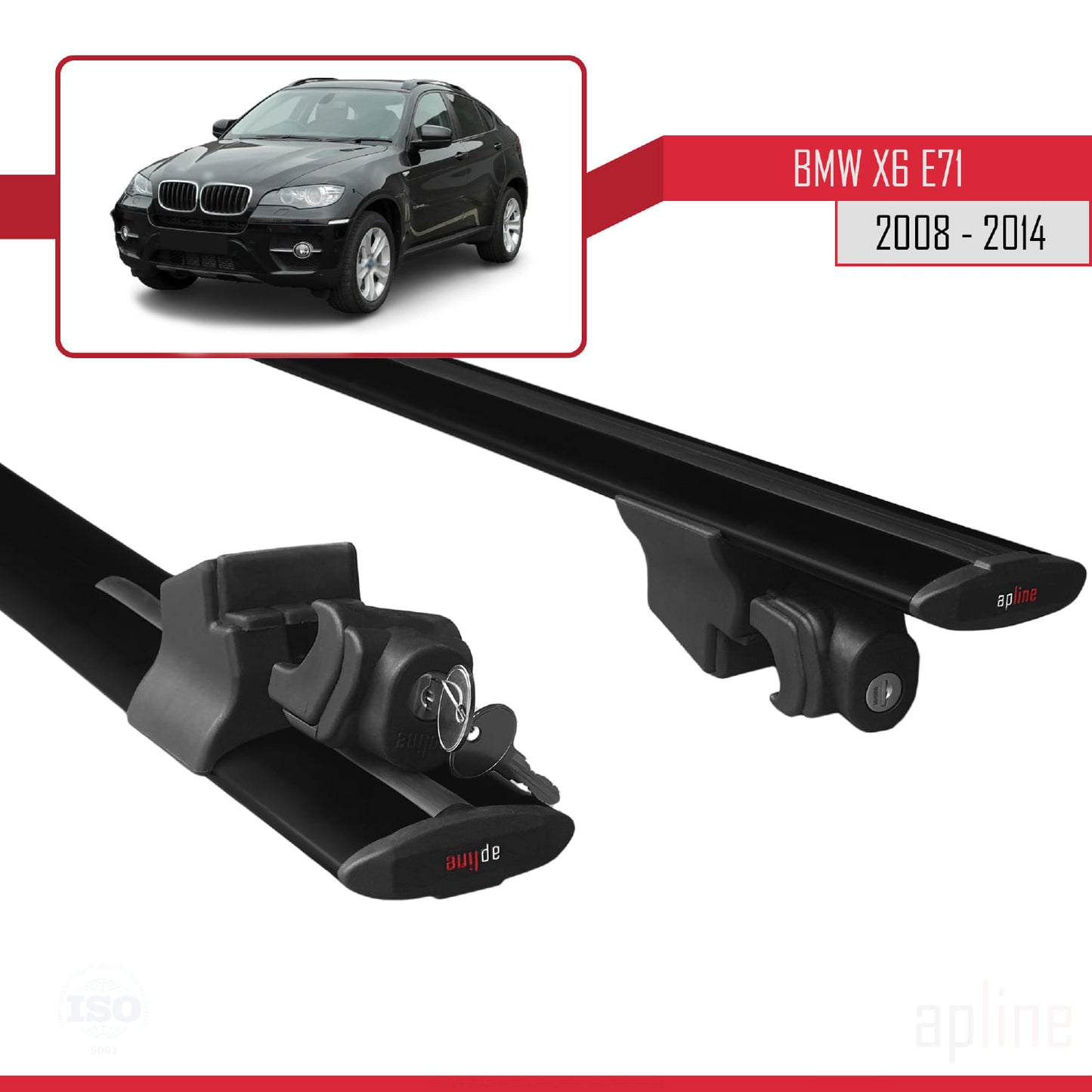Compatibile con BMW X6 (E71) 2008-2014 modello HOOK Barre portatutto per auto Portapacchi in alluminio nero 2 barre