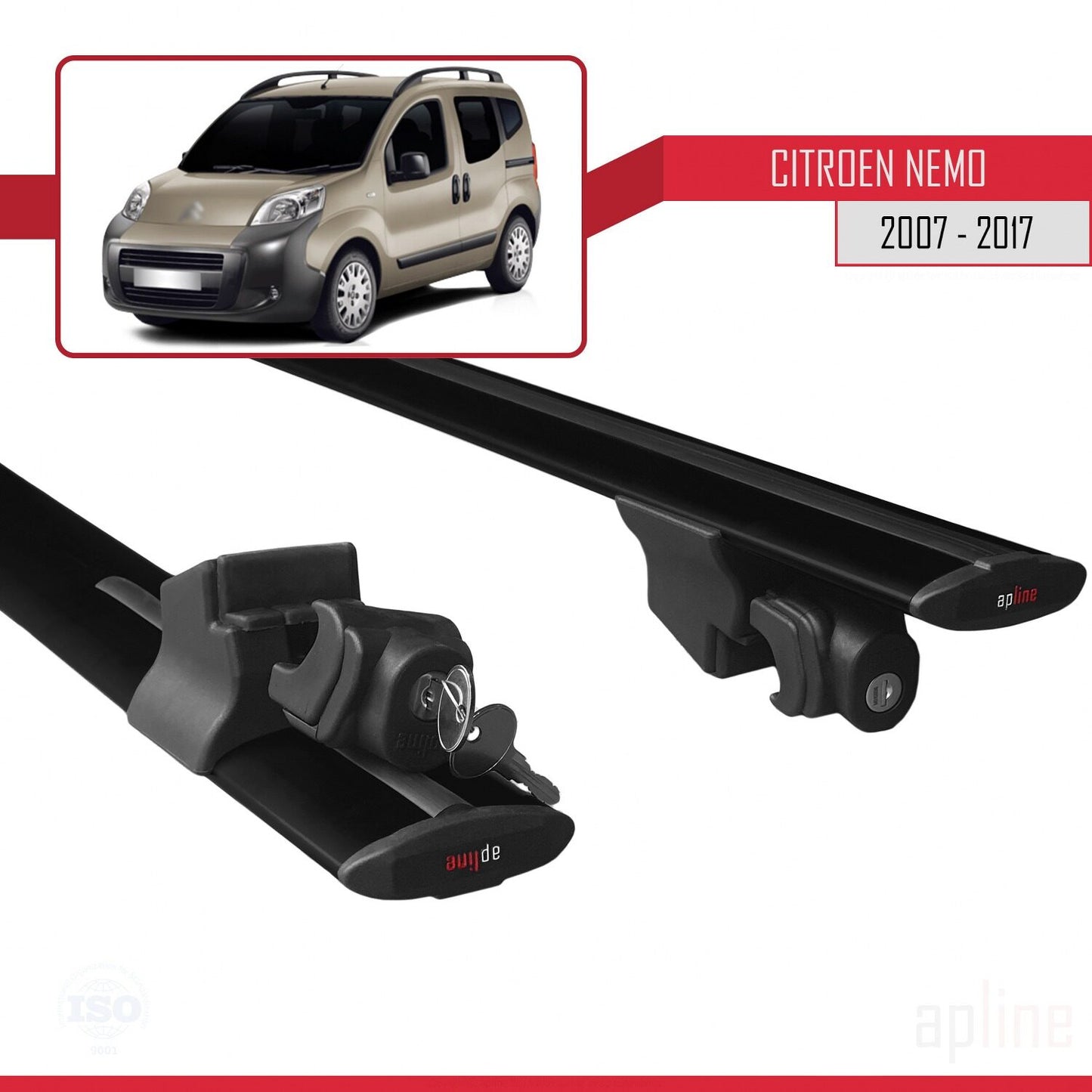 Compatible avec Citroen Nemo 3 (225) 2007-2017 HOOK Model Barres de Toit Railing Porte-Bagages de Voiture Noir Aluminium 2 Barres