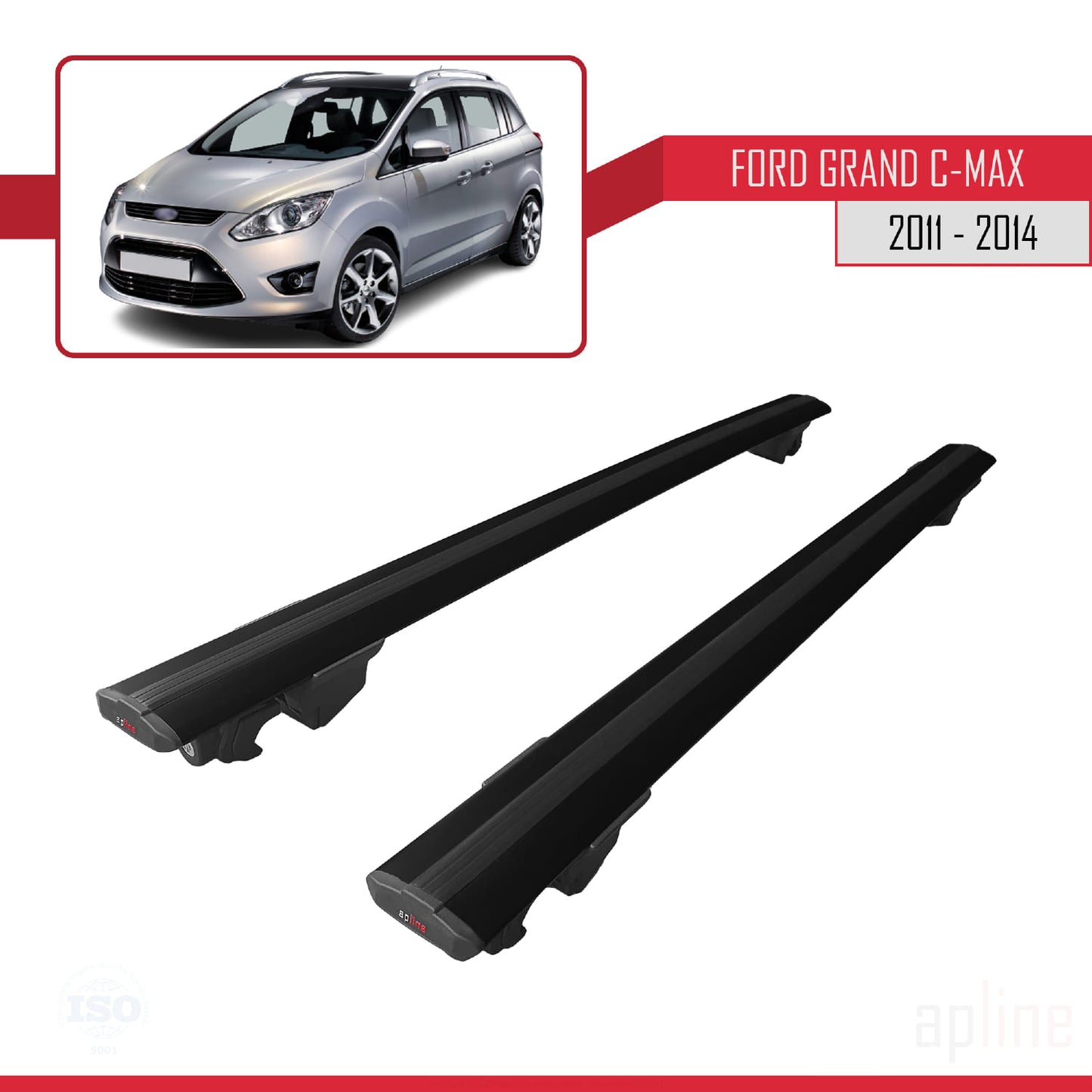 Compatible avec Ford Grand C-Max (C344) Pre-Facelift 2011-2014 HOOK Model Barres de Toit Railing Porte-Bagages de Voiture Noir Aluminium 2 Barres