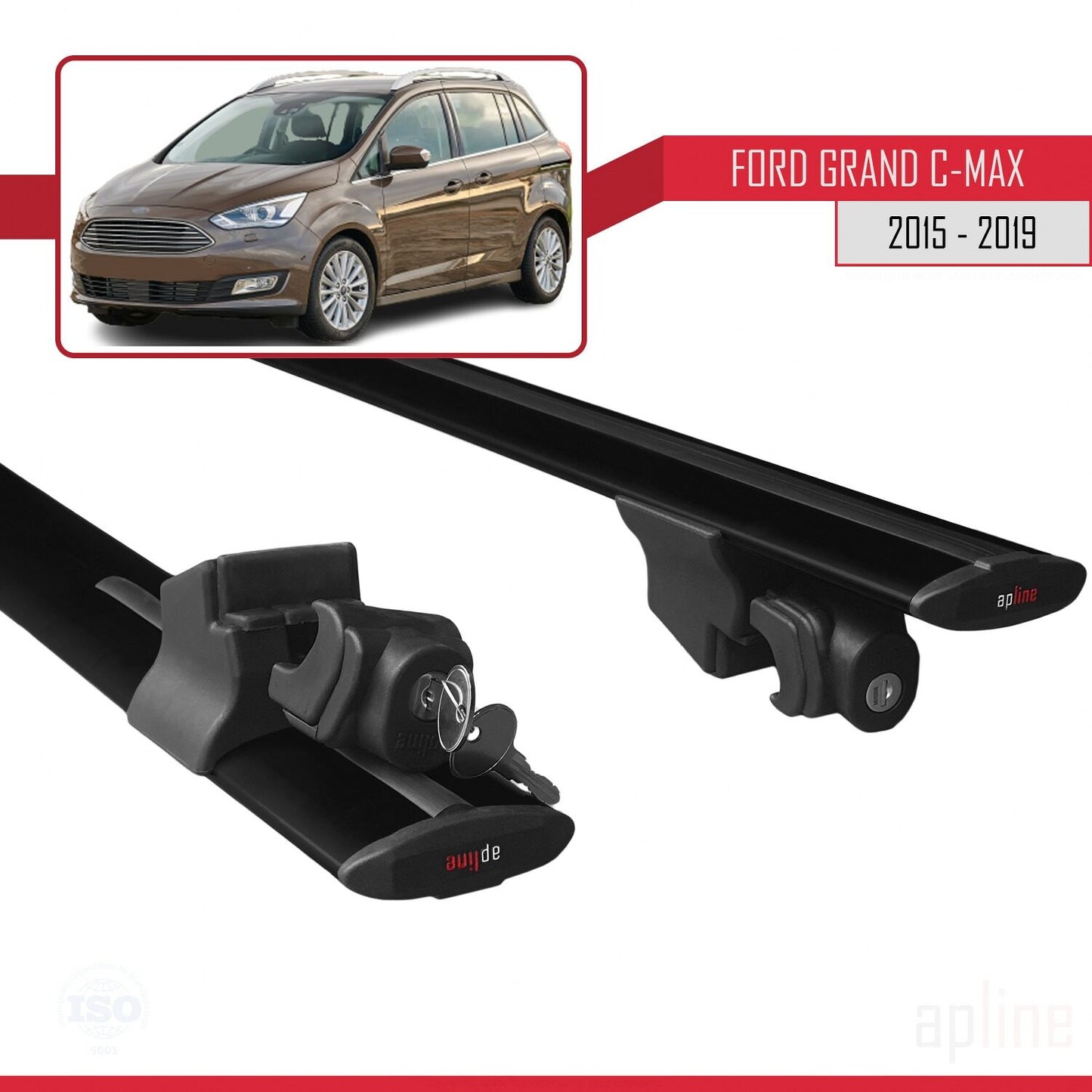 Compatible avec Ford Grand C-Max (C344) Post-Facelift 2015-2019 HOOK Model Barres de Toit Railing Porte-Bagages de Voiture Noir Aluminium 2 Barres