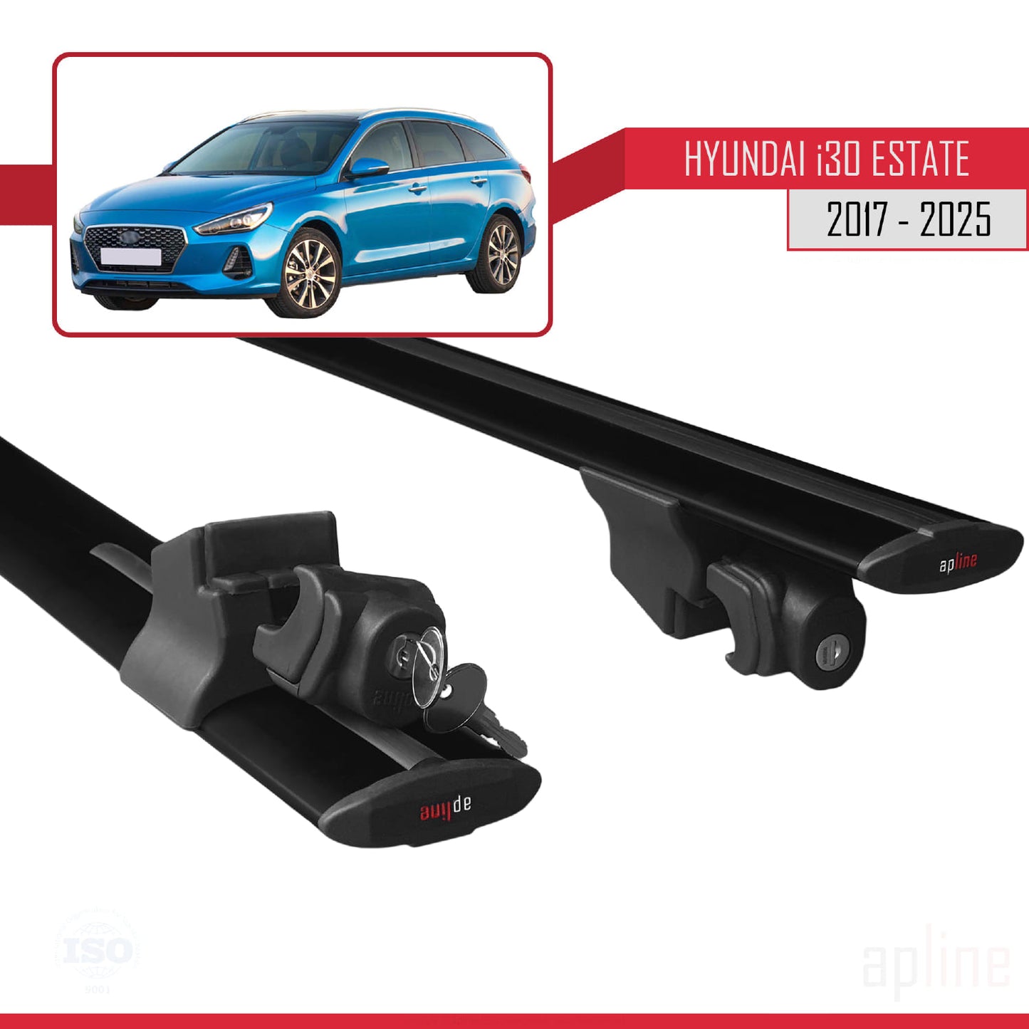 Compatible avec Hyundai i30 3 (PD) Break 2017-2025 HOOK Model Barres de Toit Railing Porte-Bagages de Voiture Noir Aluminium 2 Barres