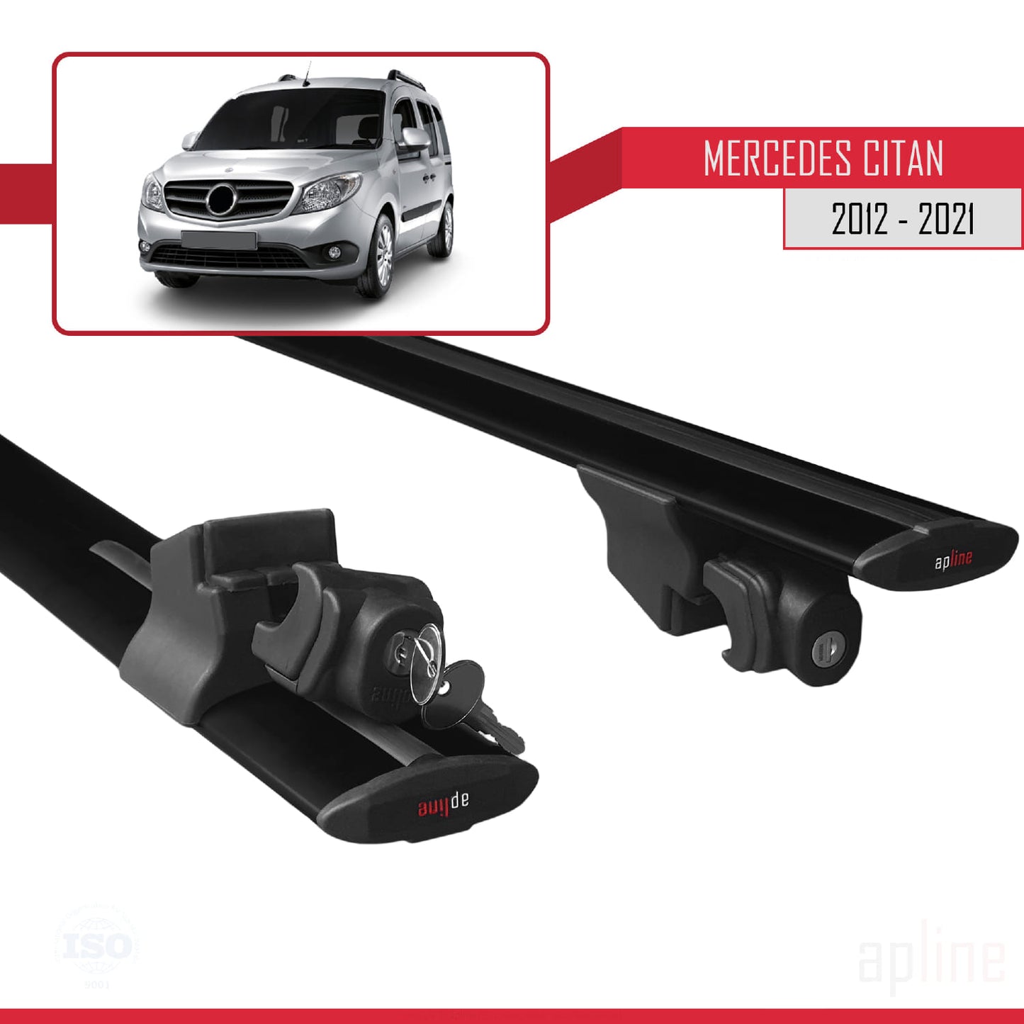 Compatible avec Mercedes Citan (W415) 2012-2021 HOOK Model Barres de Toit Railing Porte-Bagages de Voiture Noir Aluminium 2 Barres