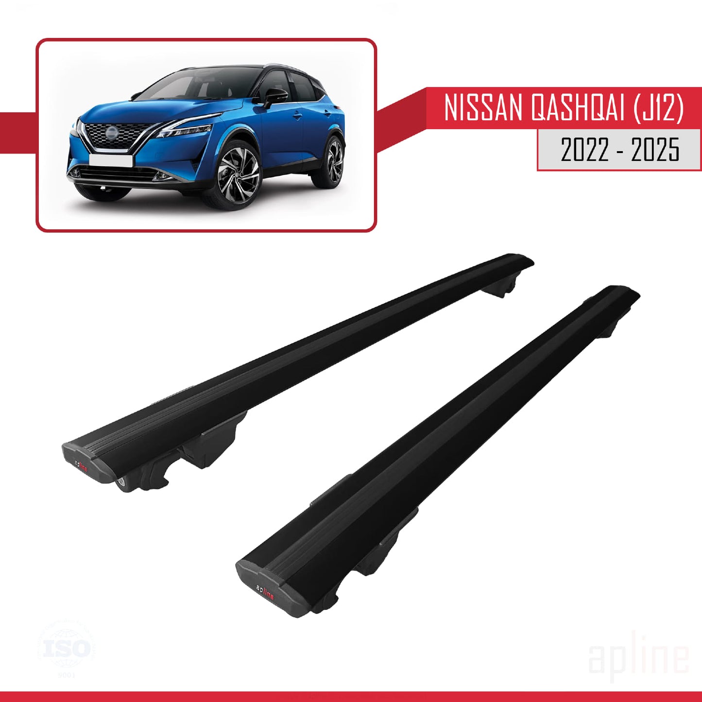 Compatible avec Nissan Qashqai 3 (J12) 2022-2025 HOOK Model Barres de Toit Railing Porte-Bagages de Voiture Noir Aluminium 2 Barres