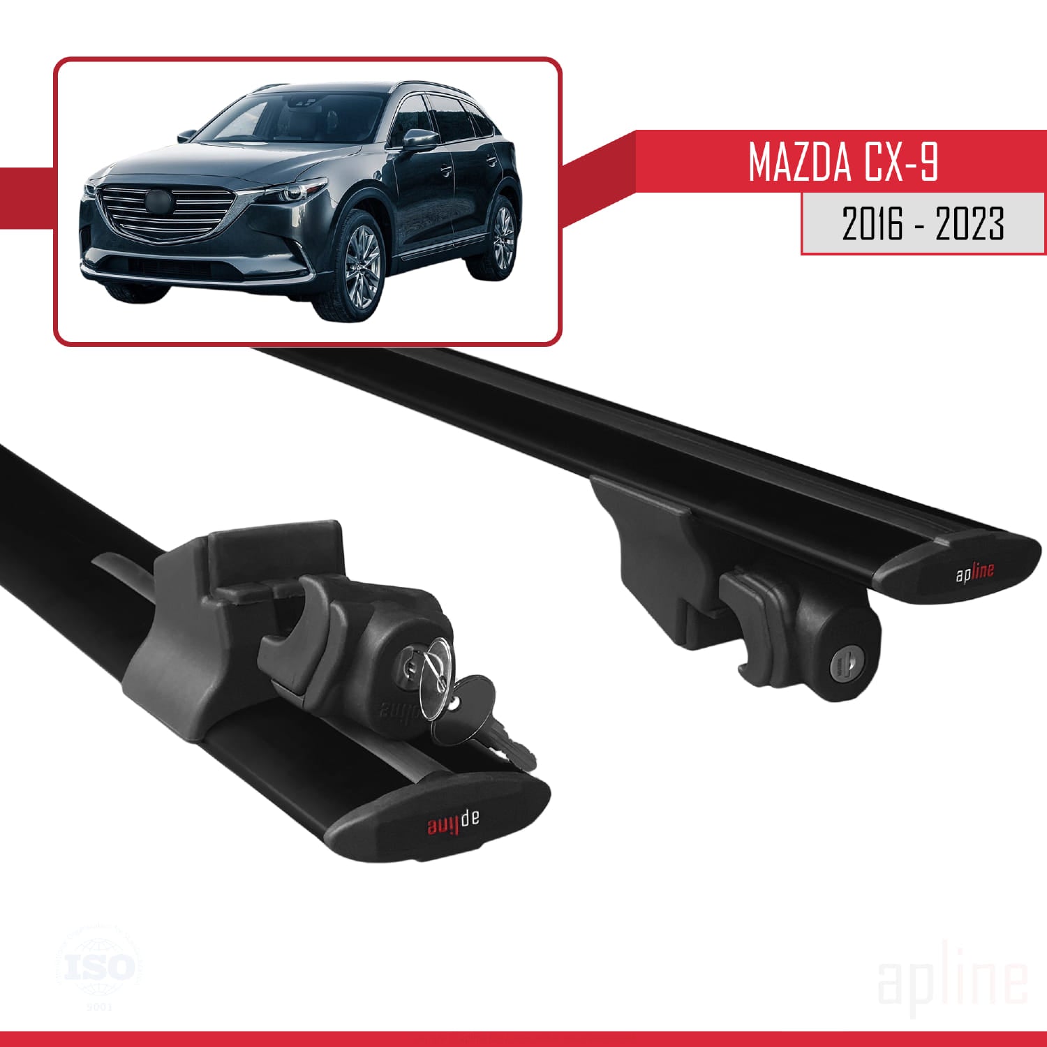 Compatible avec Mazda CX-9 2016-2023 HOOK Model Barres de Toit Railing Porte-Bagages de Voiture Noir Aluminium 2 Barres