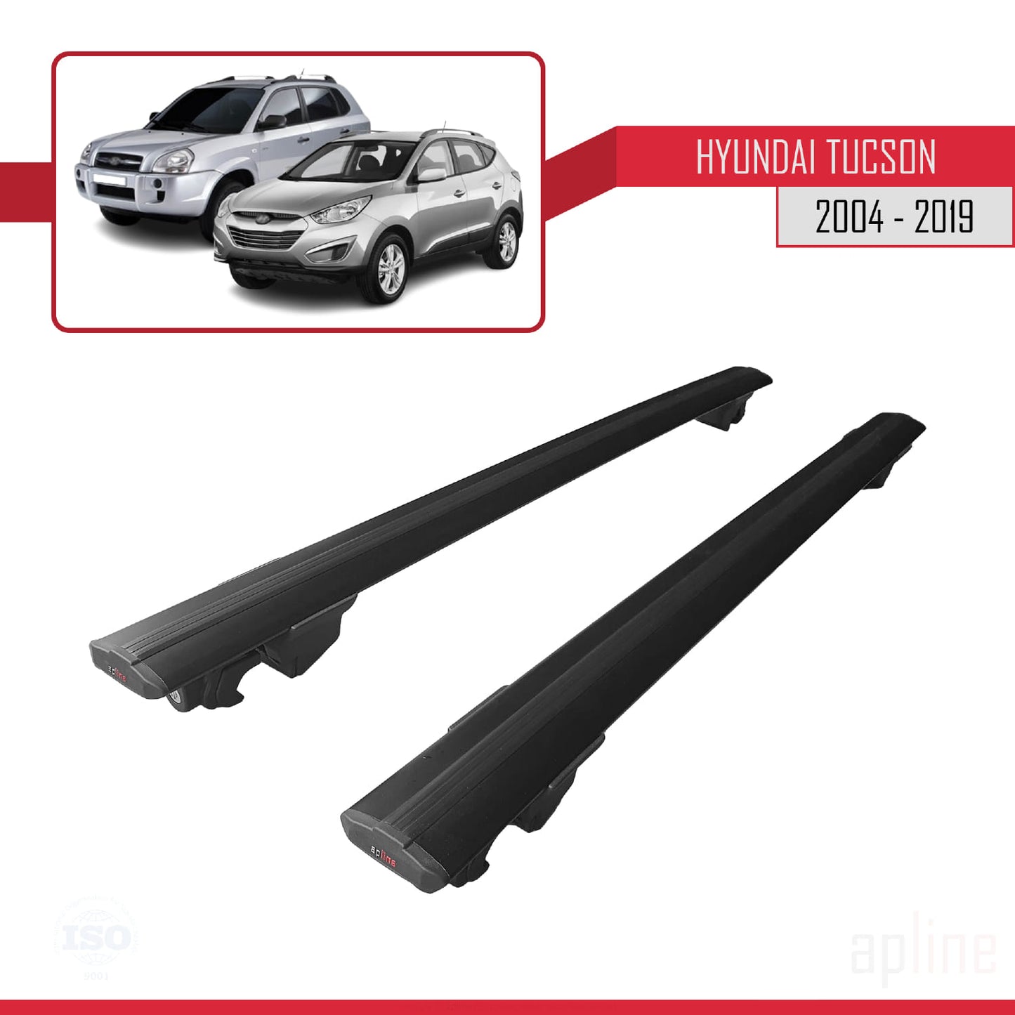 Compatible with Hyundai Tucson (JM) 2004-2019 HOOK Model Car Roof Rack Cross Bar Black Aluminium 2 Bars