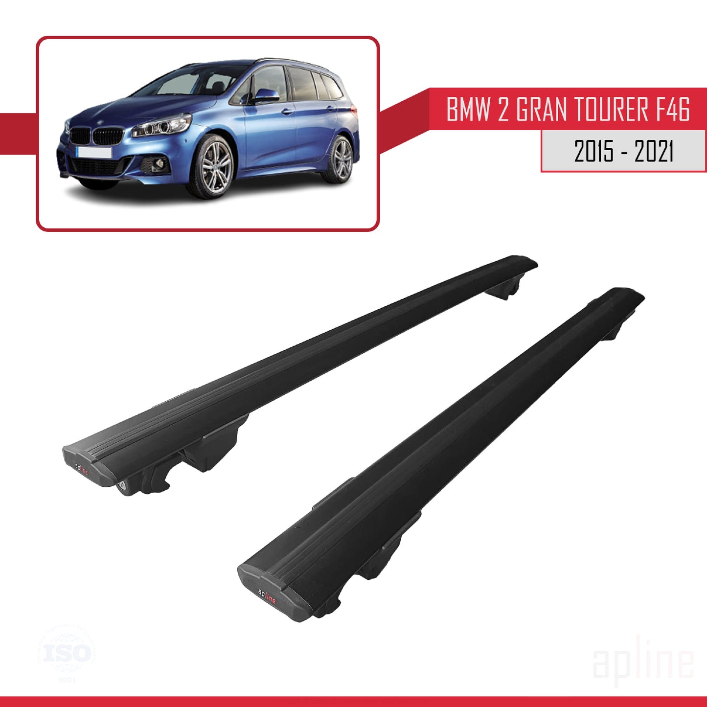 Compatibile con BMW Serie 2 (F46) Gran Tourer 2015-2021 Modello HOOK Barre portatutto per auto Portapacchi in alluminio nero 2 barre