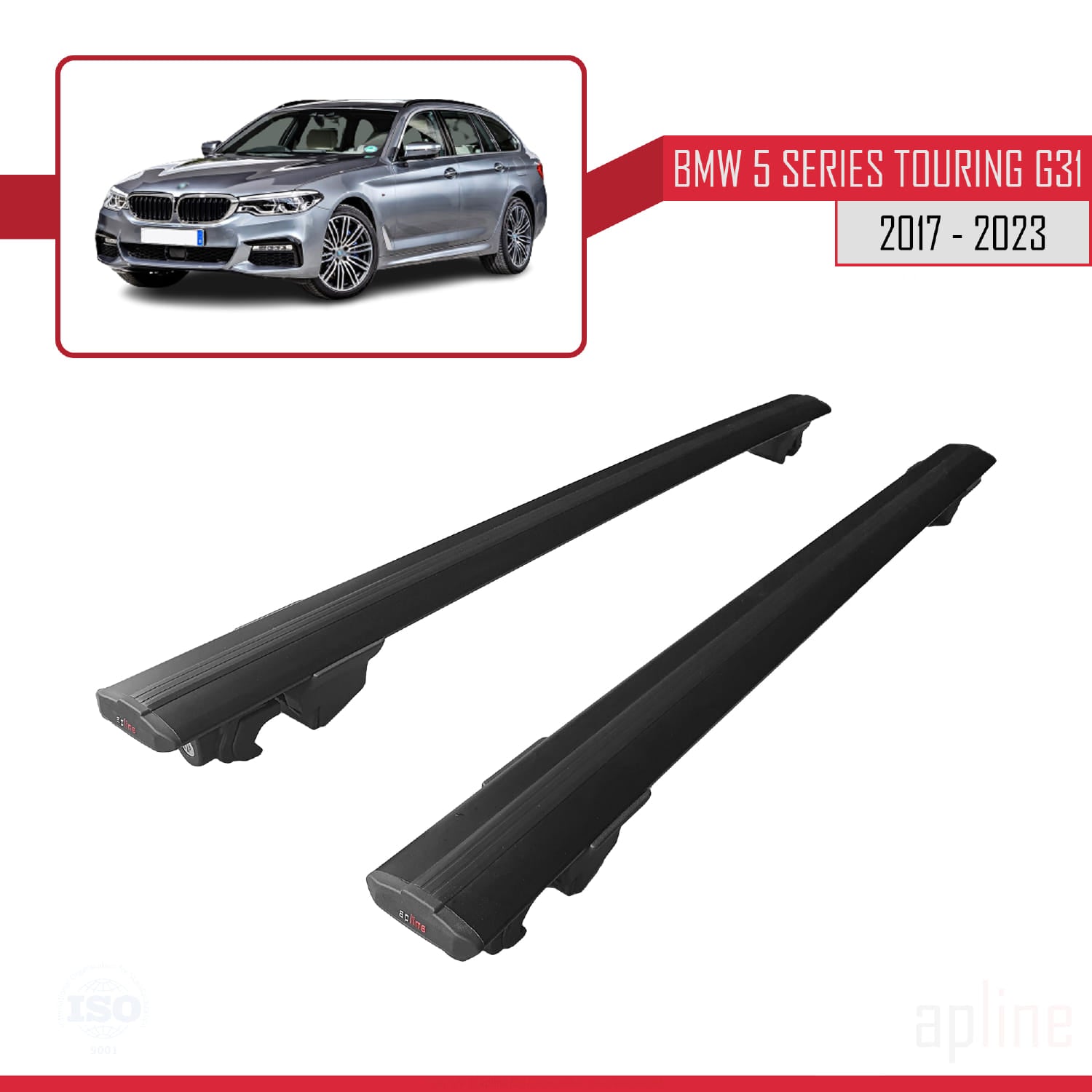 Compatible avec BMW Série 5 (G31) Touring 2017-2023 HOOK Model Barres de Toit Railing Porte-Bagages de Voiture Noir Aluminium 2 Barres