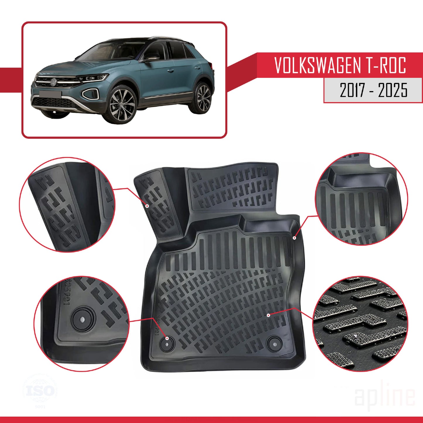 Compatible avec Volkswagen T-Roc 2017-2025 4D Tapis de Voiture Noir