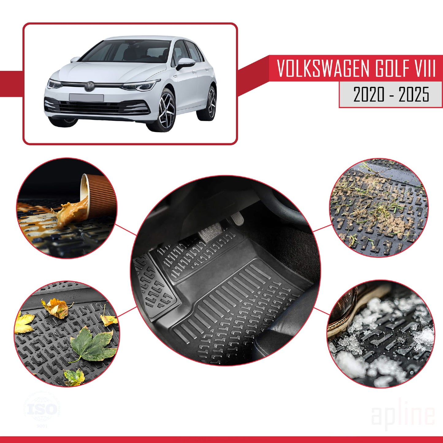 Compatible avec Volkswagen Golf 8 (CD1) (Vitesses Automatique) 2020-2025 4D Tapis de Voiture Noir