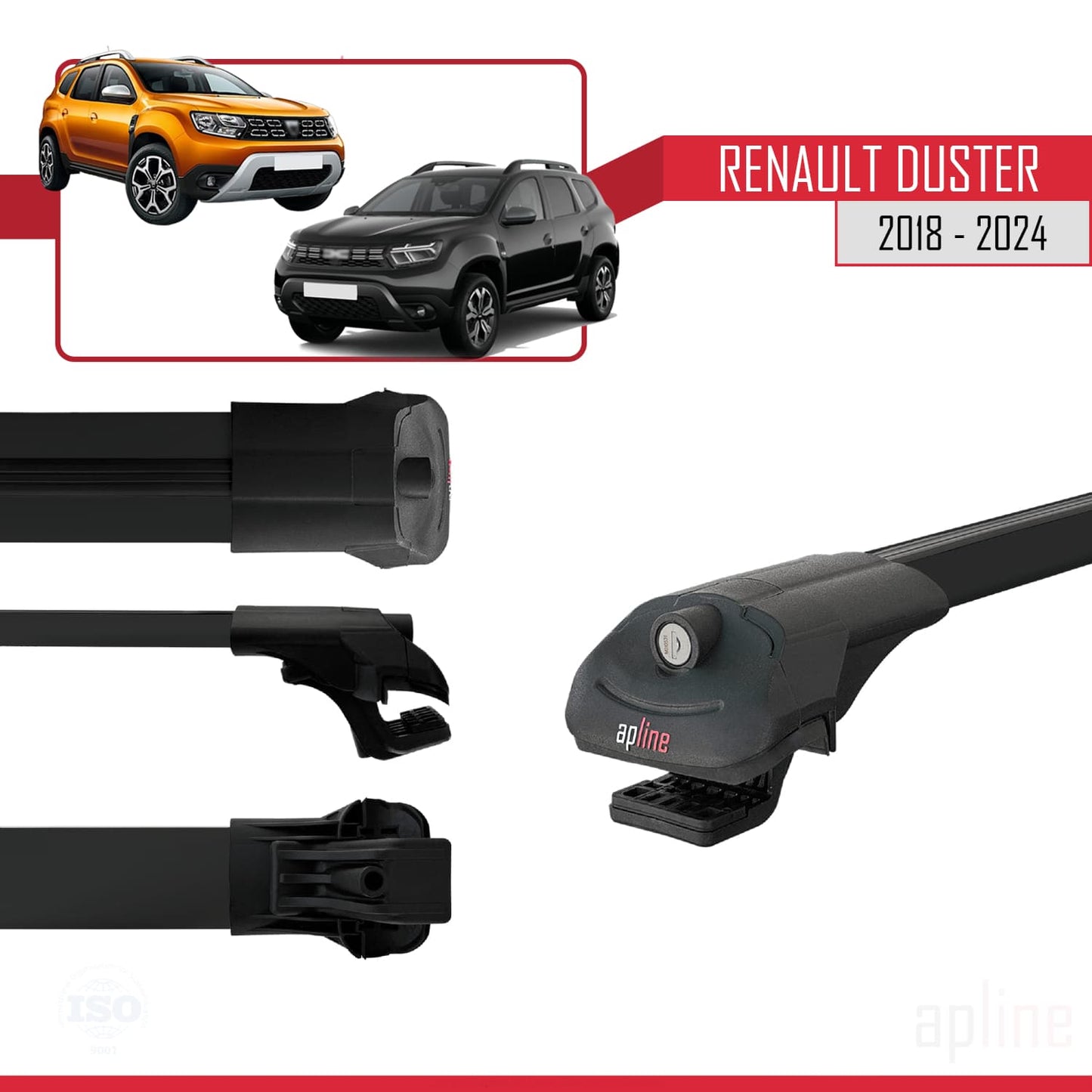 Compatible avec Renault Duster 2 (HM) 2018-2024 ACE-1 Barres de Toit Railing Porte-Bagages de Voiture Noir Aluminium 2 Barres