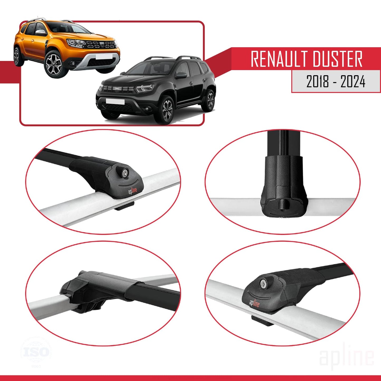 Compatible avec Renault Duster 2 (HM) 2018-2024 ACE-1 Barres de Toit Railing Porte-Bagages de Voiture Noir Aluminium 2 Barres