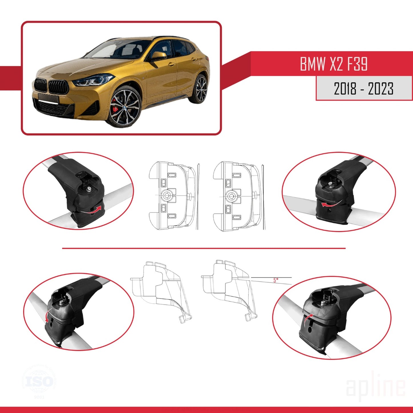 Compatibile con BMW X2 (F39) 2018-2023 ACE-2 Barre portatutto per auto Portapacchi in alluminio grigio 2 barre