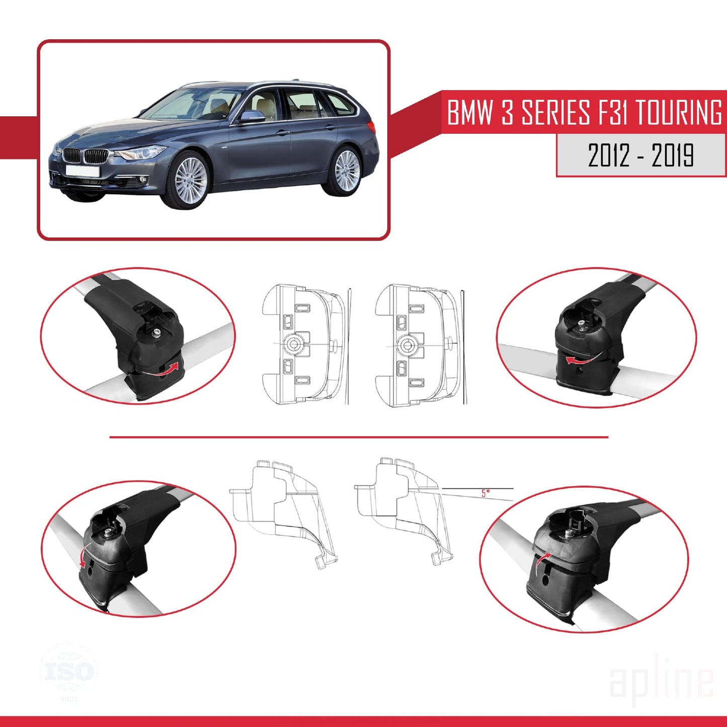 Kompatibel mit BMW 3er (F31) Touring 2012-2019 ACE-2 Dachträger, Gepäckträger, graues Aluminium, 2 Stangen