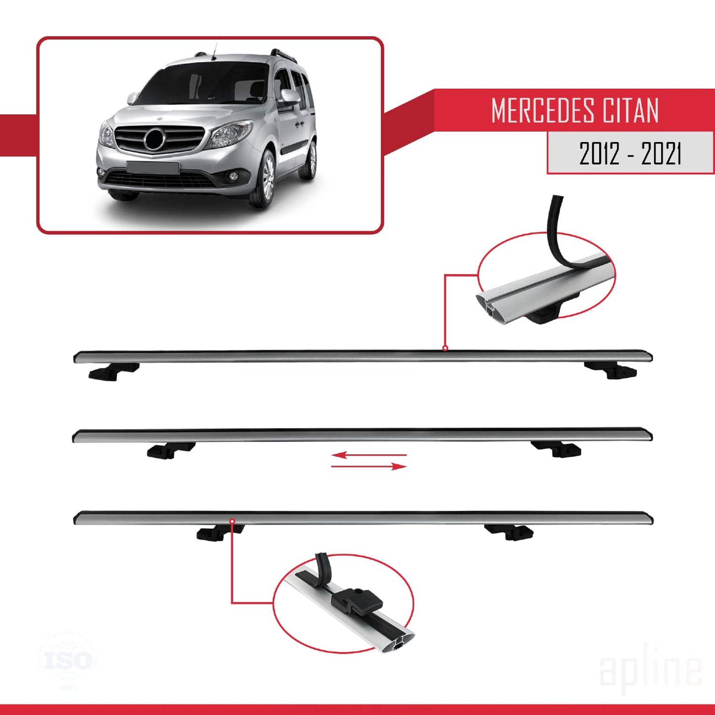Compatible avec Mercedes Citan (W415) 2012-2021 BASIC Model Barres de Toit Railing Porte-Bagages de Voiture Gris Aluminium 4 Barres