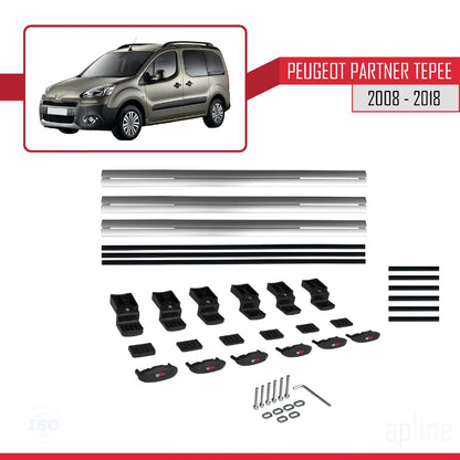 Compatible avec Peugeot Partner 2 Tepee 2008-2018 BASIC Model Barres de Toit Railing Porte-Bagages de Voiture Gris Aluminium 3 Barres