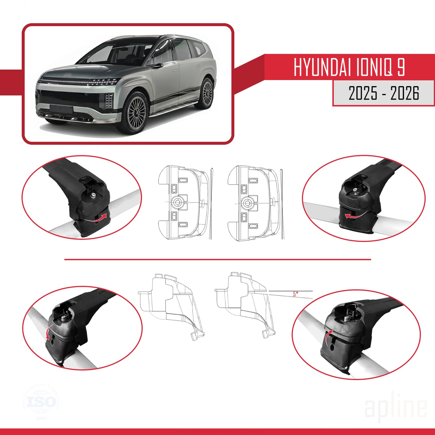 Compatible avec Hyundai Ioniq 9 2025-2026 ACE-2 Barres de Toit Railing Porte-Bagages de Voiture Noir Aluminium 2 Barres