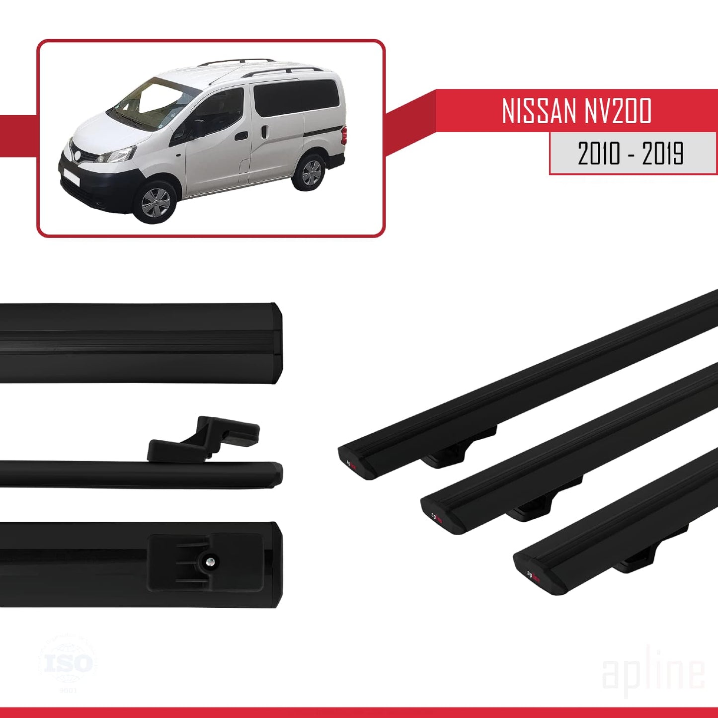 Compatible avec Nissan NV200 (M20) 2010-2019 Siyah BASIC Model Barres de Toit Railing Porte-Bagages de Voiture Noir Aluminium 3 Barres