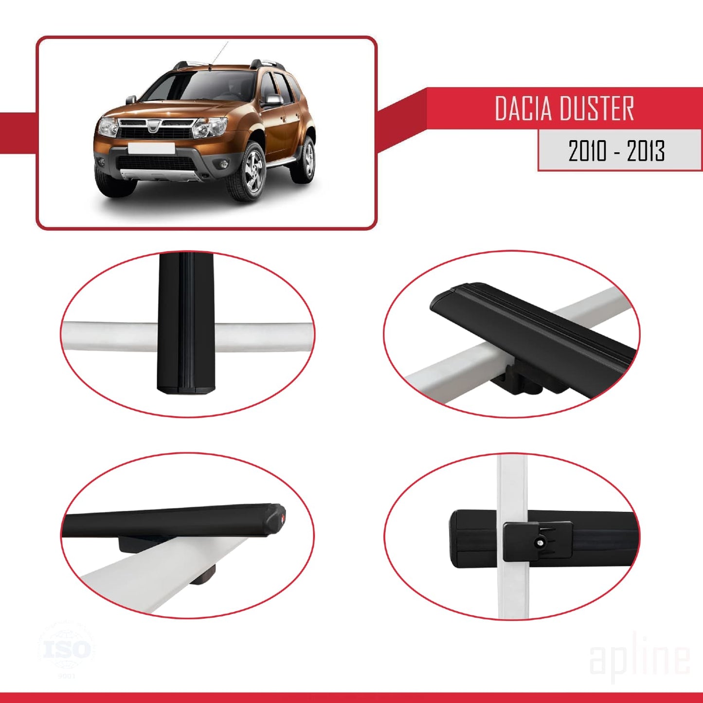 Kompatibel mit Dacia Duster (HS) Vor-Facelift 2010-2013 Basismodell Dachgepäckträger, schwarzes Aluminium, 3-teilig