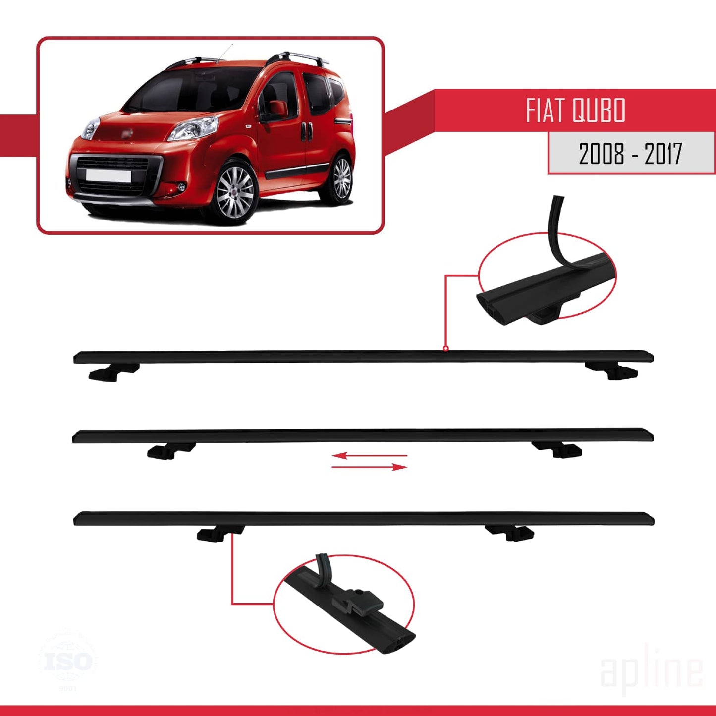 Compatible avec Fiat Qubo 2008-2017 BASIC Model Barres de Toit Railing Porte-Bagages de Voiture Noir Aluminium 4 Barres