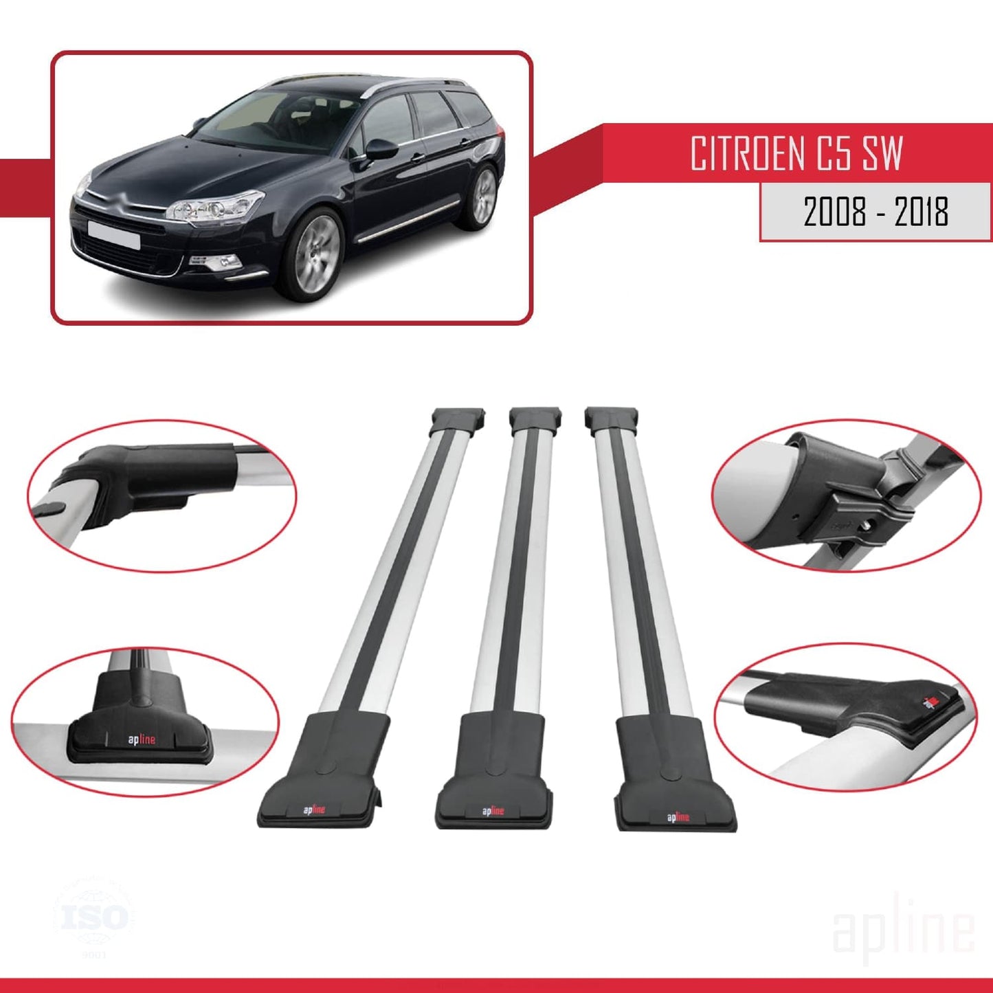 Kompatibel mit Citroen C5 II Tourer 2008-2018 FLY Modell Dachgepäckträger, graues Aluminium, 3 Stangen
