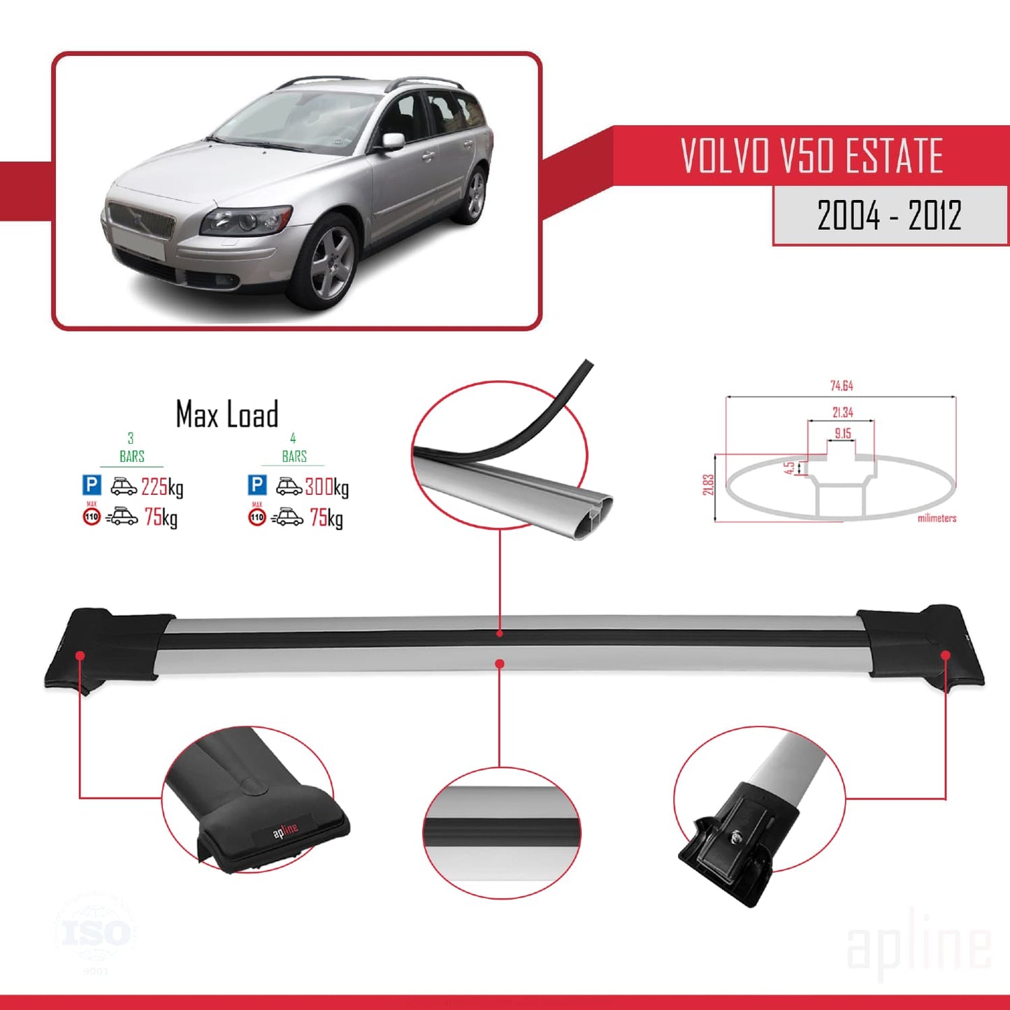 Compatible avec Volvo V50 2004-2012 FLY Model Barres de Toit Railing Porte-Bagages de Voiture Gris Aluminium 3 Barres