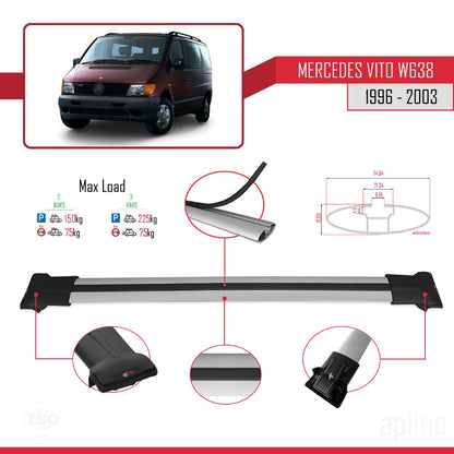Compatible avec Mercedes Vito (W638) 1996-2003 FLY Model Barres de Toit Railing Porte-Bagages de Voiture Gris Aluminium 2 Barres