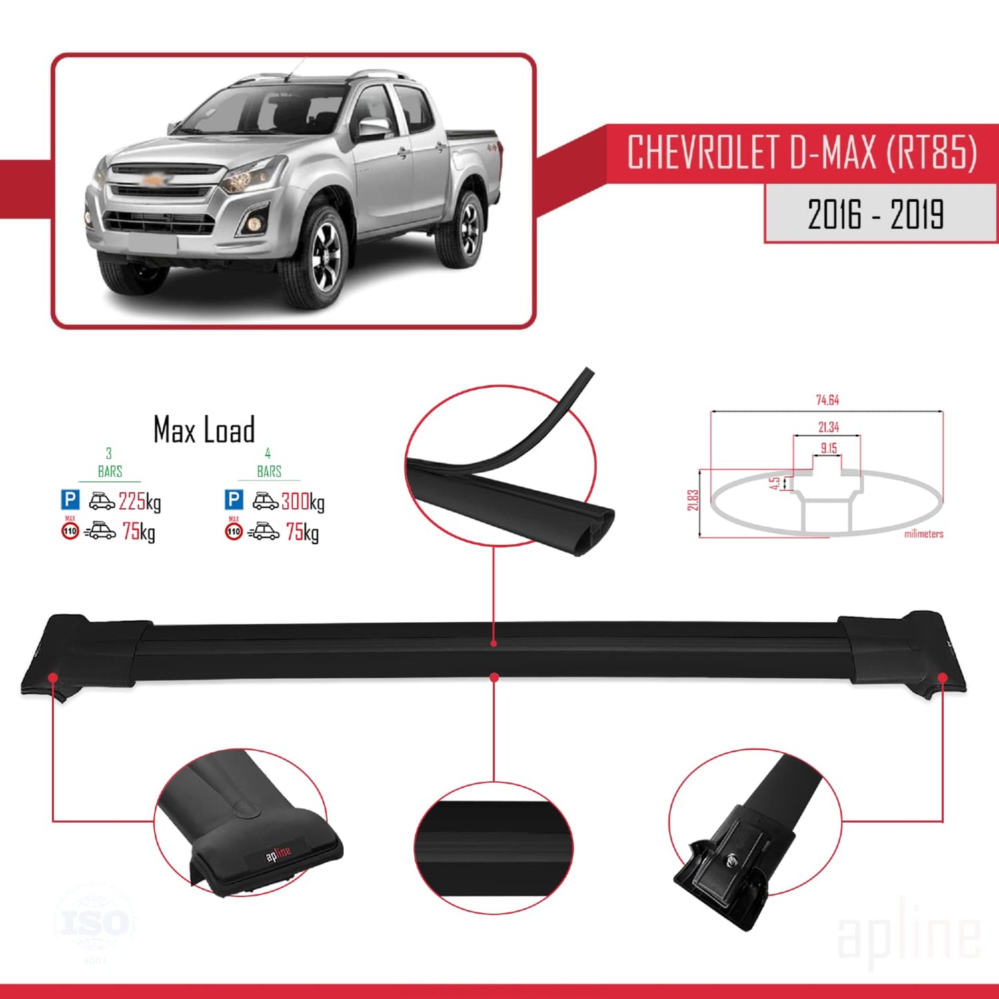 Kompatibel mit Chevrolet D-Max (RT85) 2016-2019 FLY Modell Dachgepäckträger, schwarzes Aluminium, 3-teilig