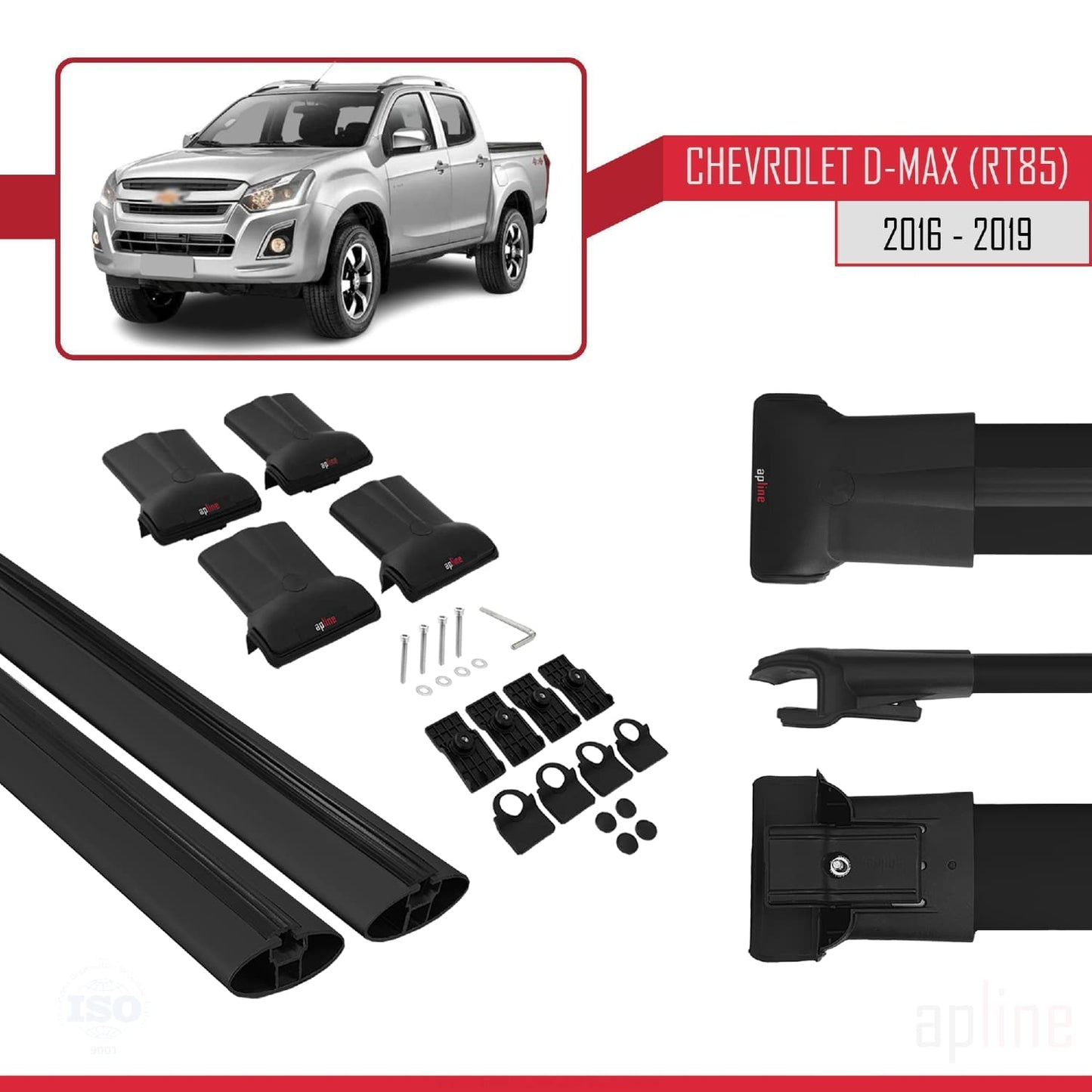 Kompatibel mit Chevrolet D-Max (RT85) 2016-2019 FLY Modell Dachgepäckträger, schwarzes Aluminium, 2 Stangen