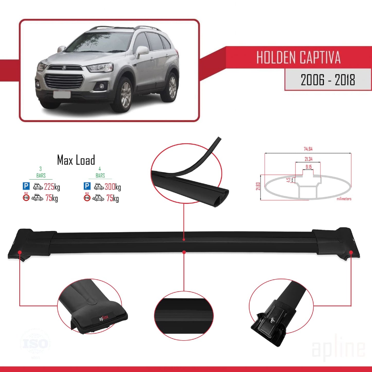 Compatible avec Holden Captiva 2006-2018 FLY Model Barres de Toit Railing Porte-Bagages de Voiture Noir Aluminium 3 Barres