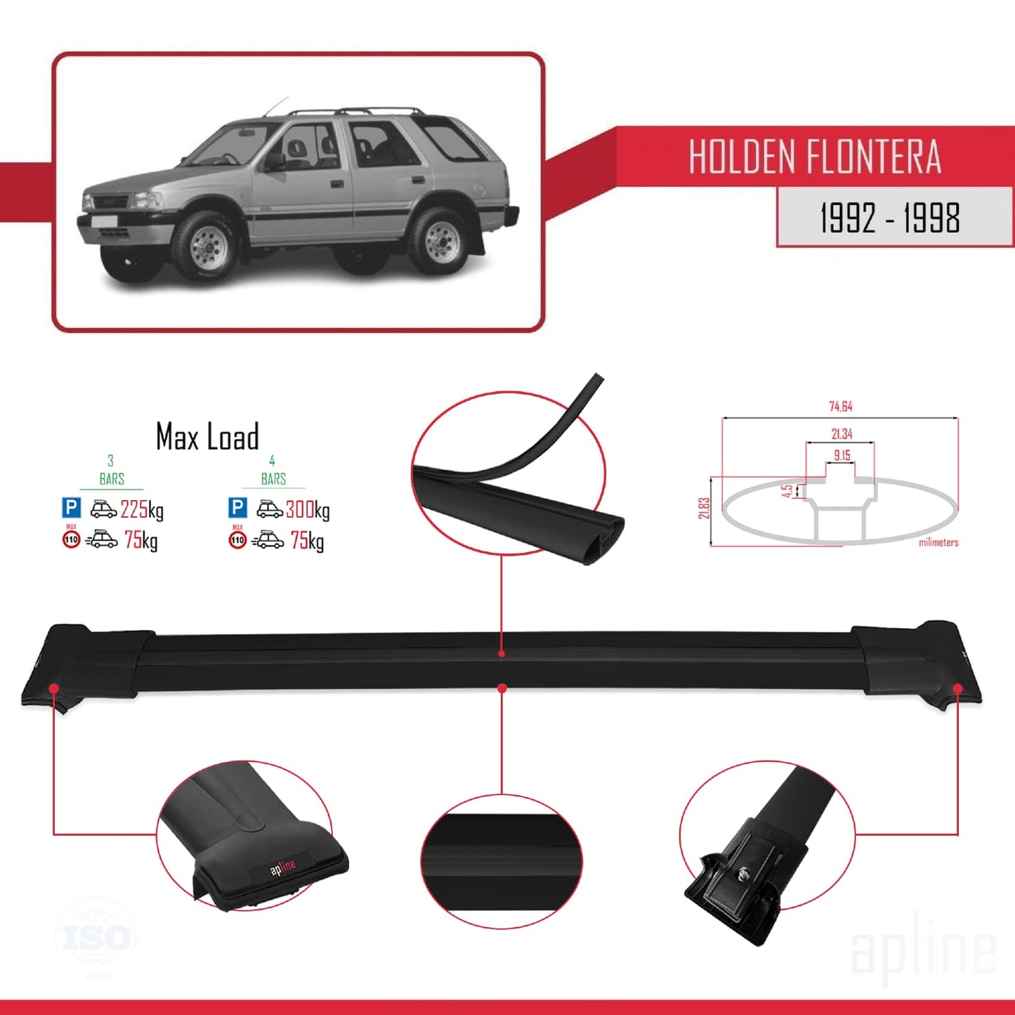 Compatible avec Holden Frontera 1992-1998 FLY Model Barres de Toit Railing Porte-Bagages de Voiture Noir Aluminium 3 Barres