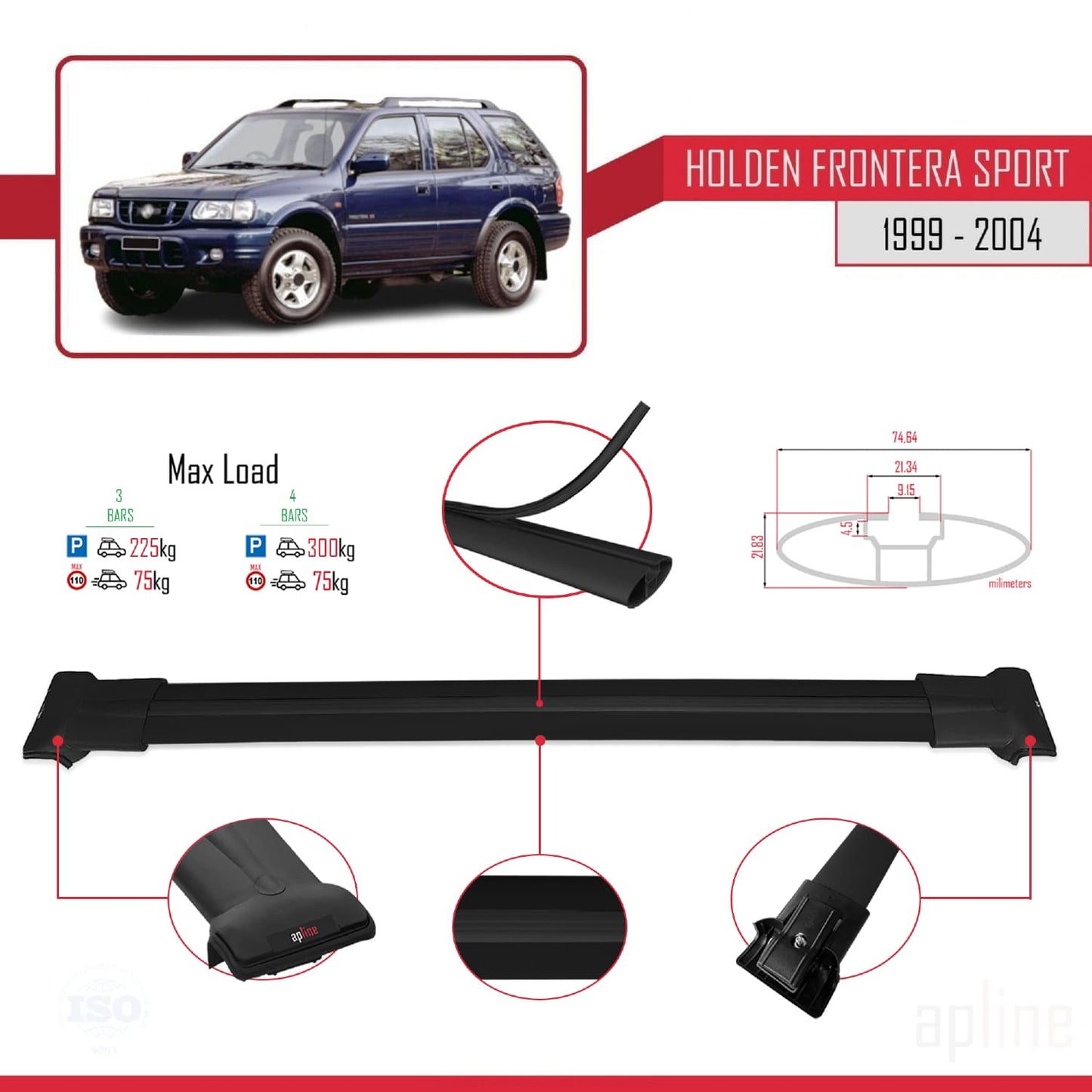 Compatible with Holden Frontera Sport 2 1999-2004 FLY Model Car Roof Rack Cross Bar Black Aluminium 3 Bars