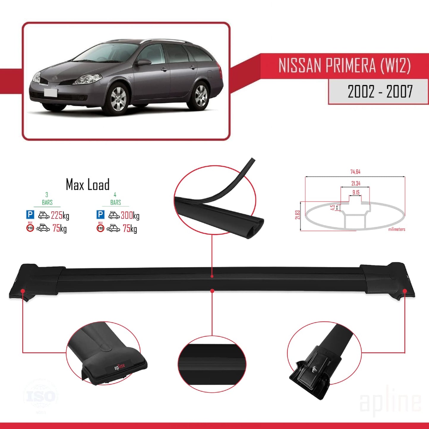 Compatible avec Nissan Primera 3 (W12) Traveller 2002-2007 FLY Model Barres de Toit Railing Porte-Bagages de Voiture Noir Aluminium 3 Barres