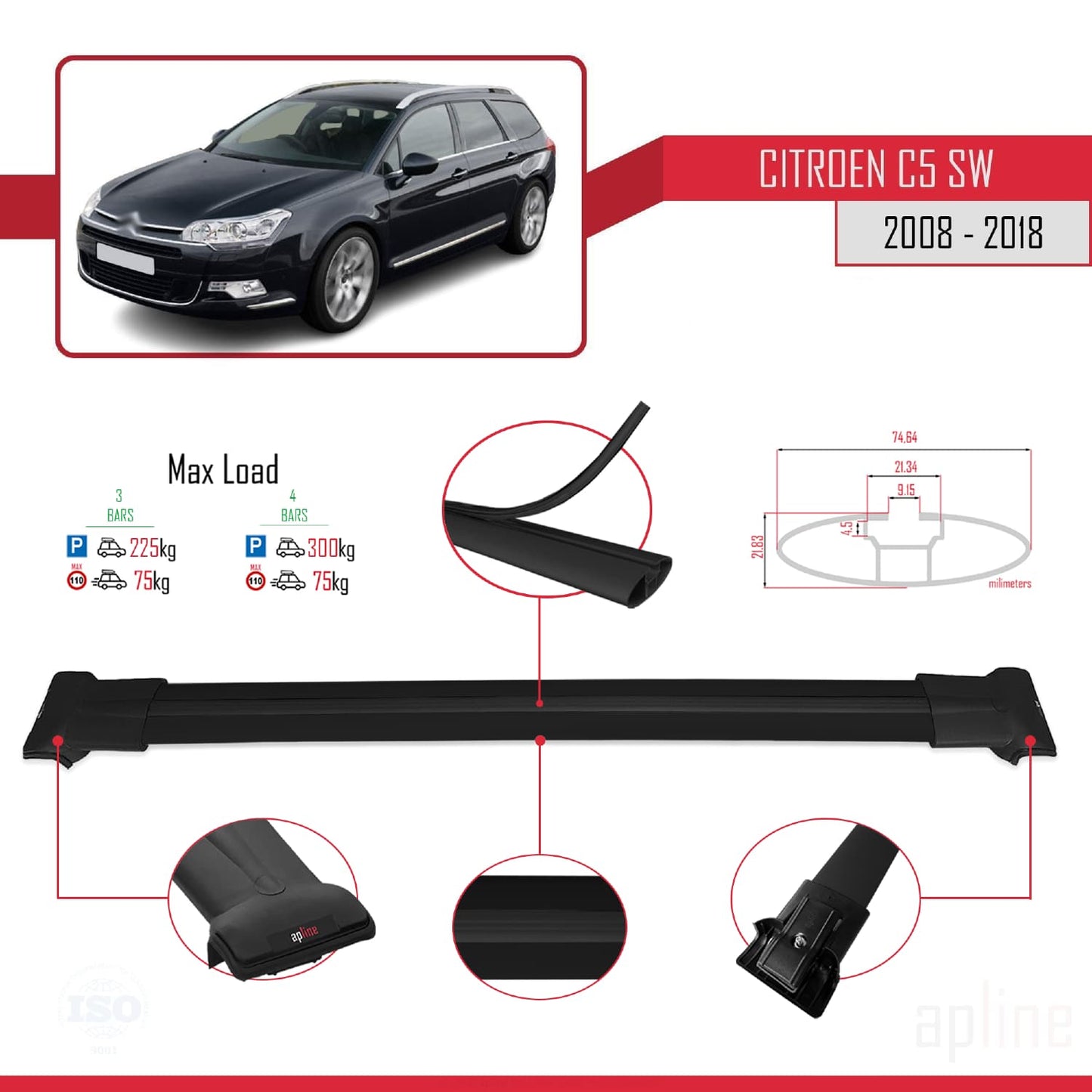 Kompatibel mit Citroen C5 II Tourer 2008-2018 FLY Modell Dachgepäckträger, schwarzes Aluminium, 3 Querträger