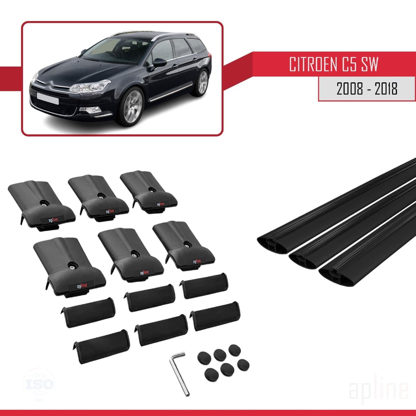Kompatibel mit Citroen C5 II Tourer 2008-2018 FLY Modell Dachgepäckträger, schwarzes Aluminium, 3 Querträger