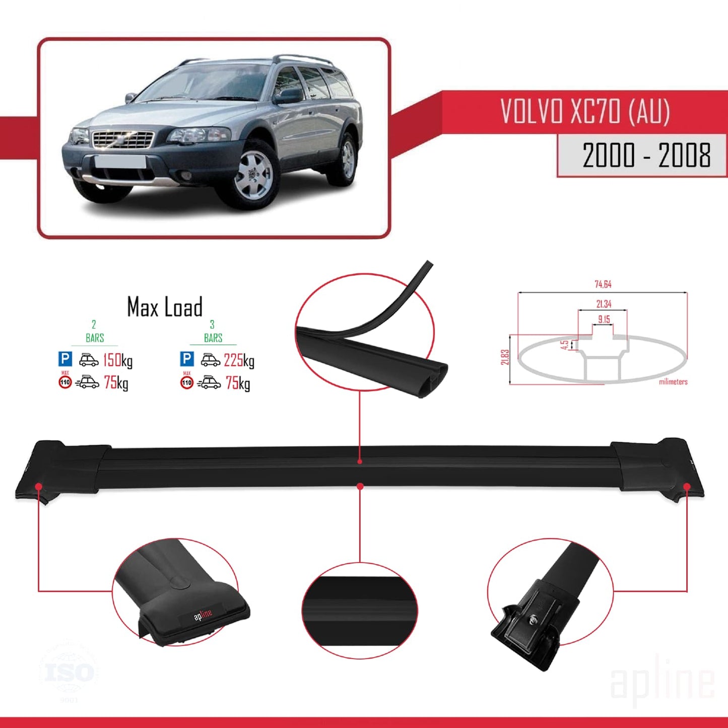 Compatible avec Volvo XC70 (P2) 2000-2007 FLY Model Barres de Toit Railing Porte-Bagages de Voiture Noir Aluminium 2 Barres