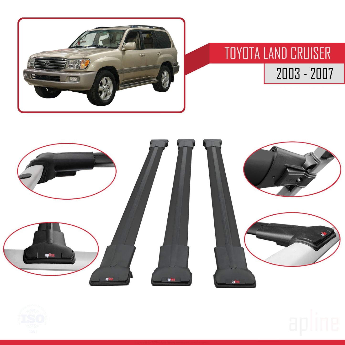 Compatible avec Toyota Land Cruiser (J100) 2003-2007 FLY Model Barres de Toit Railing Porte-Bagages de Voiture Noir Aluminium 3 Barres
