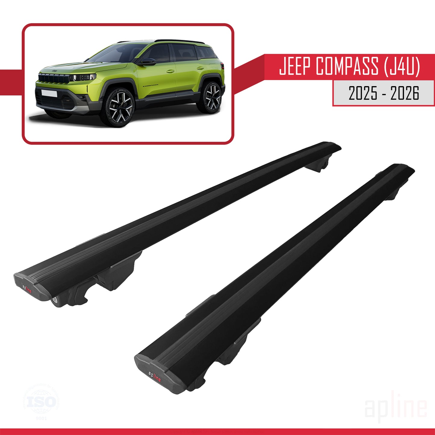 Compatible avec Jeep Compass J4U 2025-2026 HOOK Model Barres de Toit Railing Porte-Bagages de Voiture Noir Aluminium 2 Barres