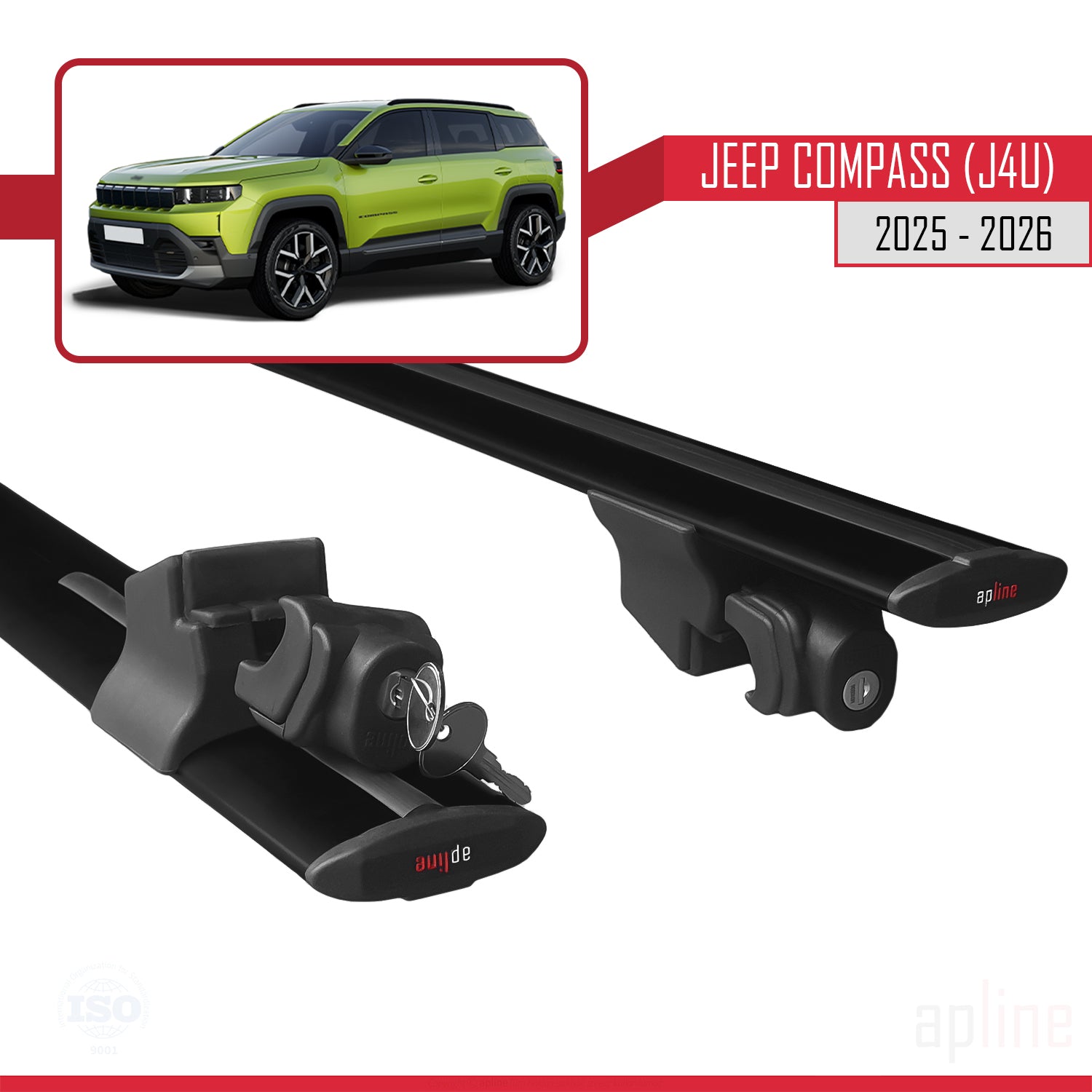 Compatible avec Jeep Compass J4U 2025-2026 HOOK Model Barres de Toit Railing Porte-Bagages de Voiture Noir Aluminium 2 Barres