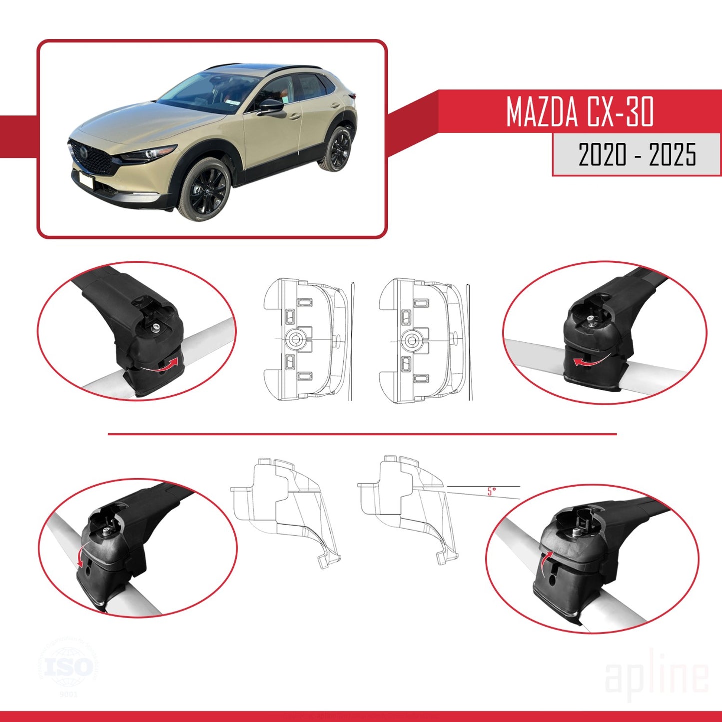 Compatible with Mazda CX-30 2020-2025 ACE-2 Car Roof Rack Cross Bar Black Aluminium 2 Bars