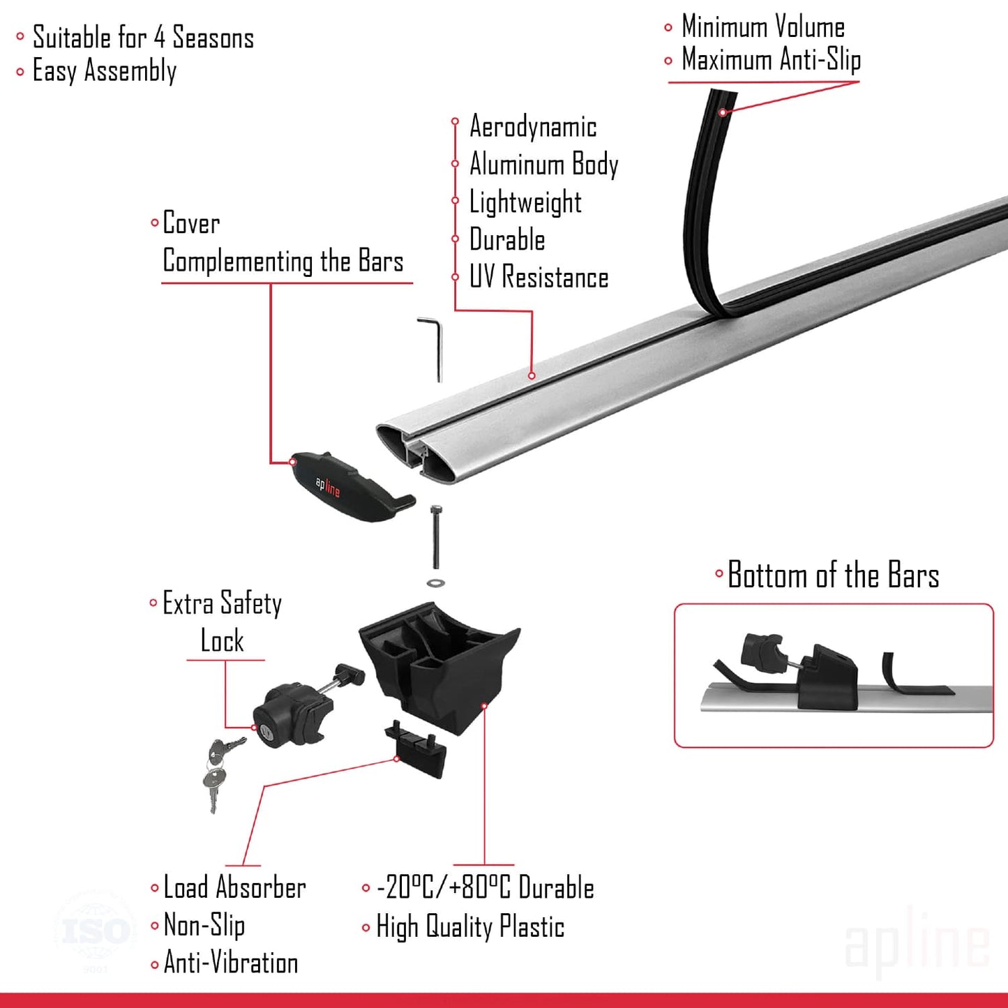 Compatible with Isuzu D-Max 2 (RT50) 2012-2019 HOOK Model Car Roof Rack Cross Bar Grey Aluminium 2 Bars