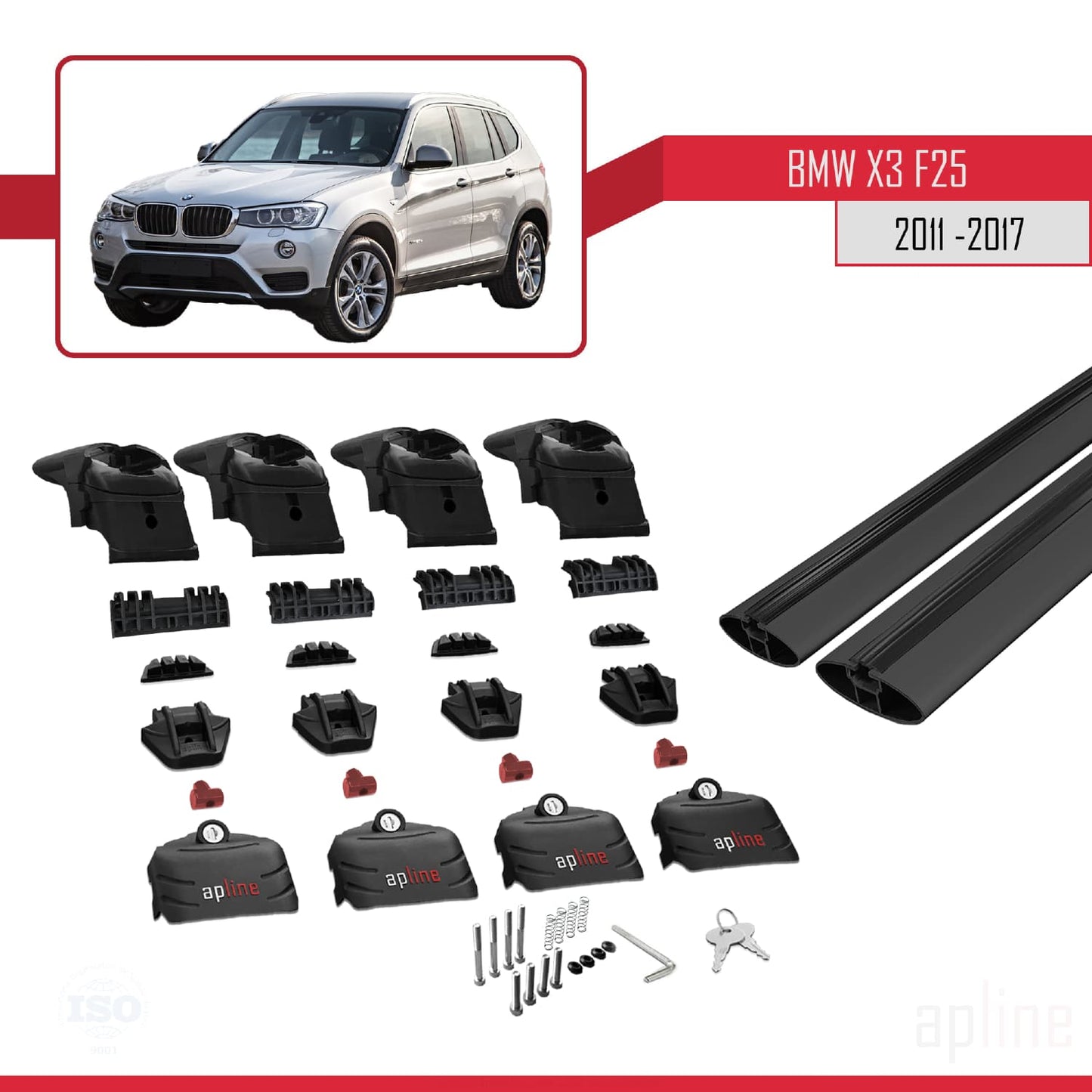 Kompatibel mit BMW X3 (F25) 2011-2017 ACE-2 Dachgepäckträger, Gepäckträger, schwarzes Aluminium, 2 Stangen